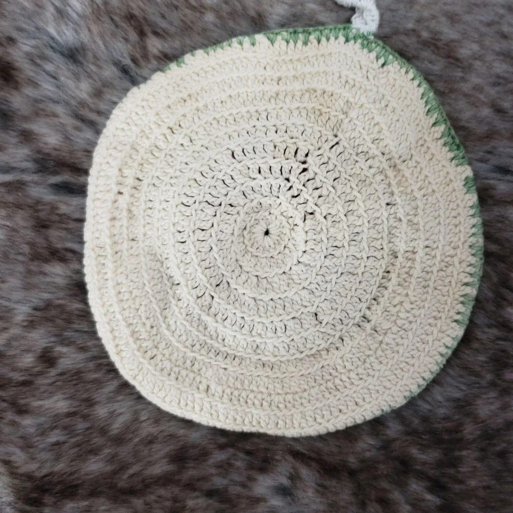 Handmade Round Crochet Pot Holder With Rose Design - Red Green & Cream Colors Pe